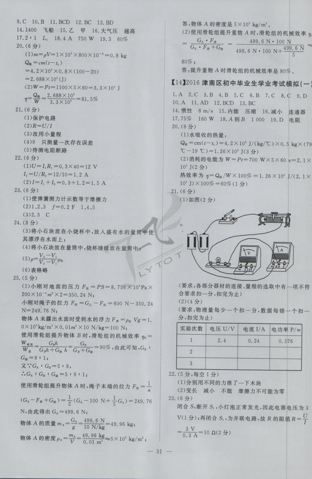 2017年一飞冲天初中模拟汇编物理 参考答案第11页