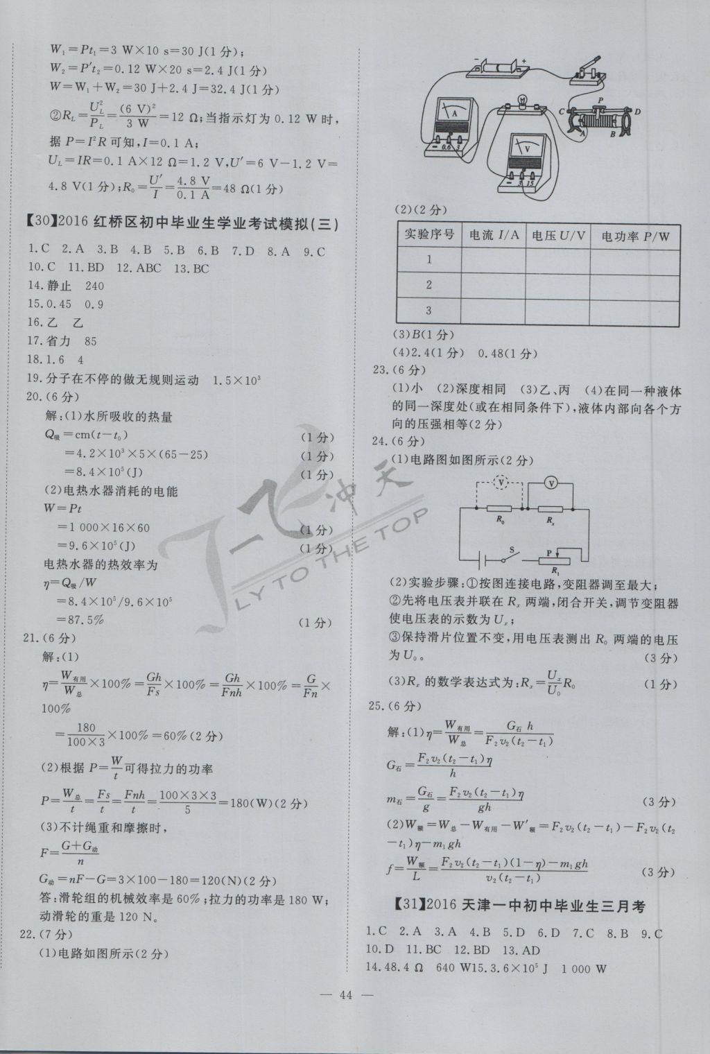 2017年一飞冲天初中模拟汇编物理 参考答案第24页