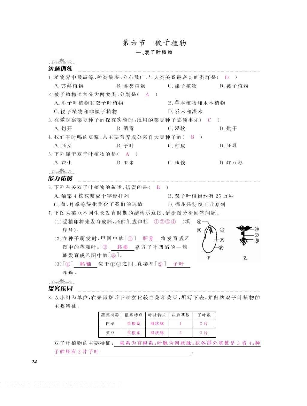 2016年作業(yè)本七年級生物上冊冀少版江西教育出版社 參考答案第26頁