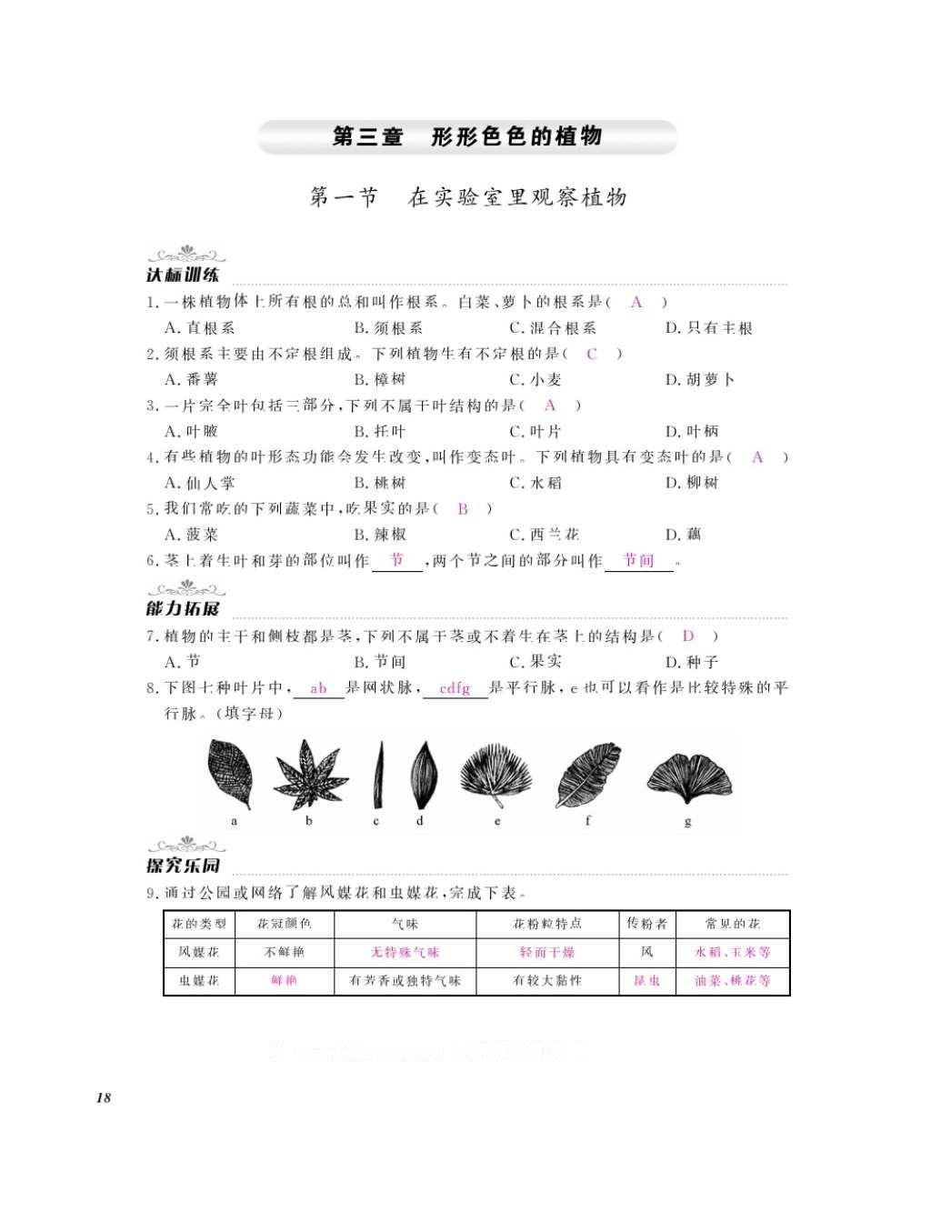 2016年作業(yè)本七年級生物上冊冀少版江西教育出版社 參考答案第20頁