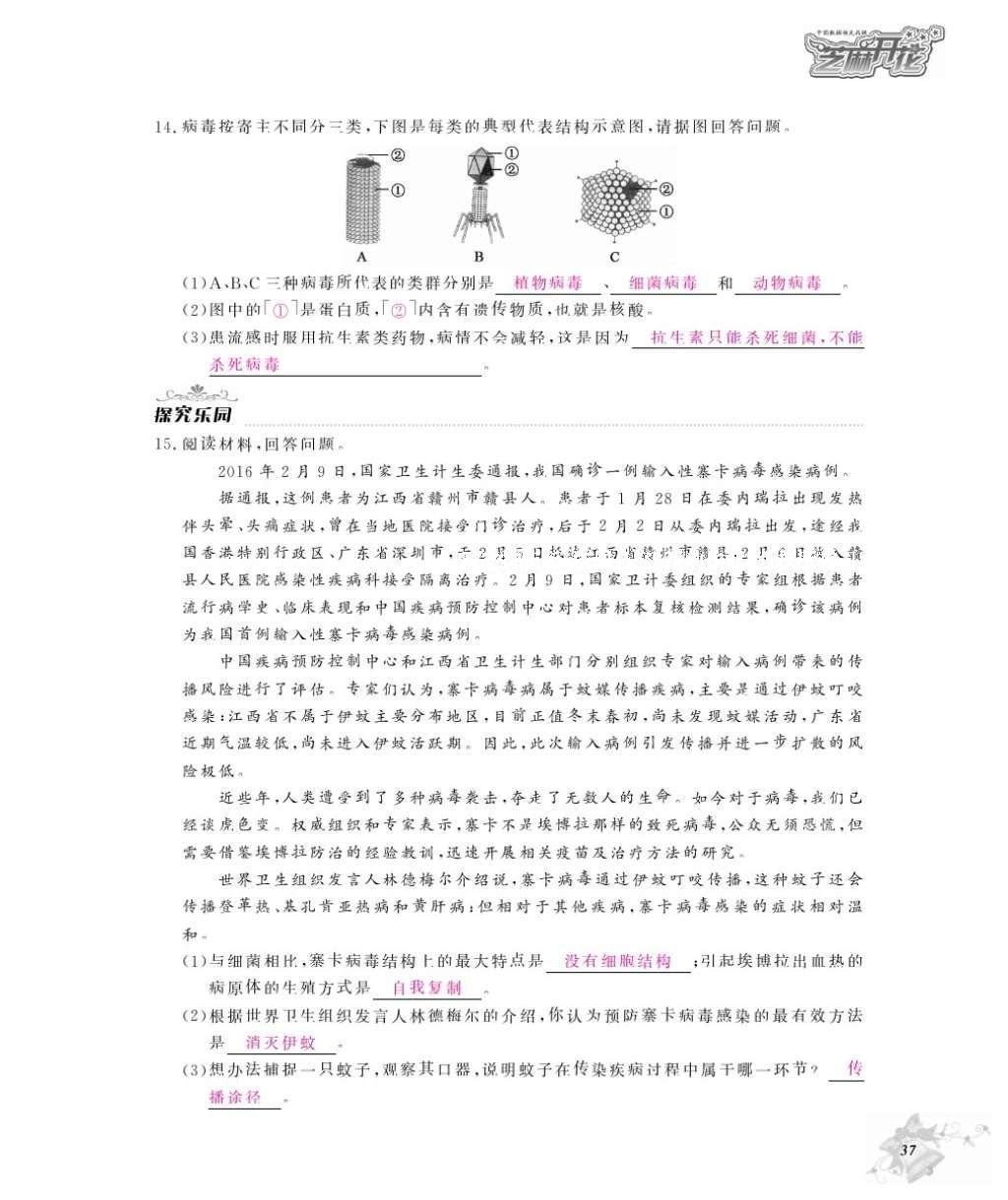 2016年作業(yè)本八年級(jí)生物上冊(cè)冀少版江西教育出版社 參考答案第39頁(yè)