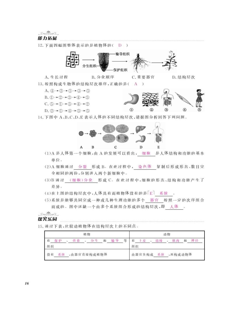 2016年作業(yè)本七年級生物上冊冀少版江西教育出版社 參考答案第18頁