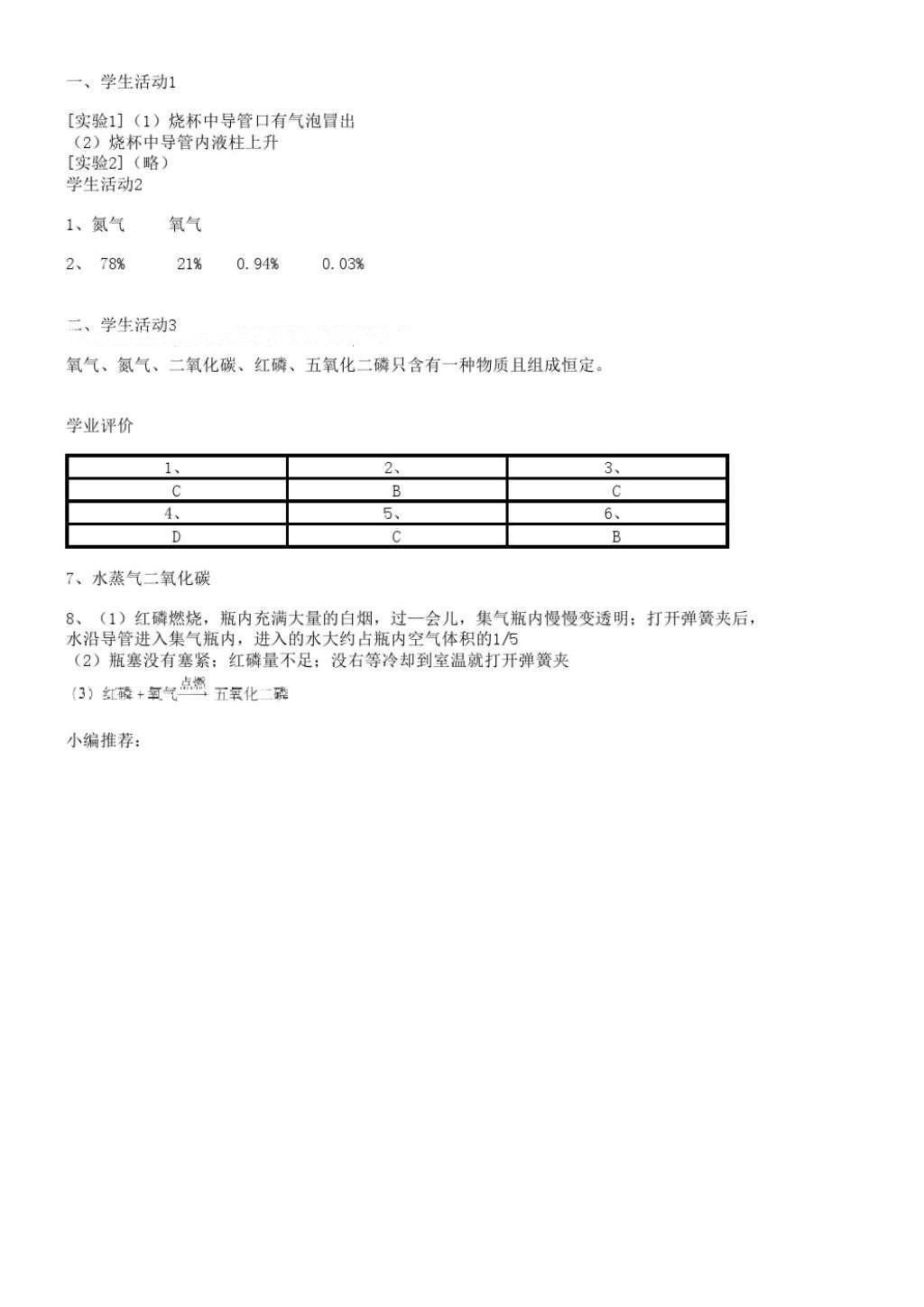 2016年阳光学业评价九年级化学上册人教版 参考答案第7页