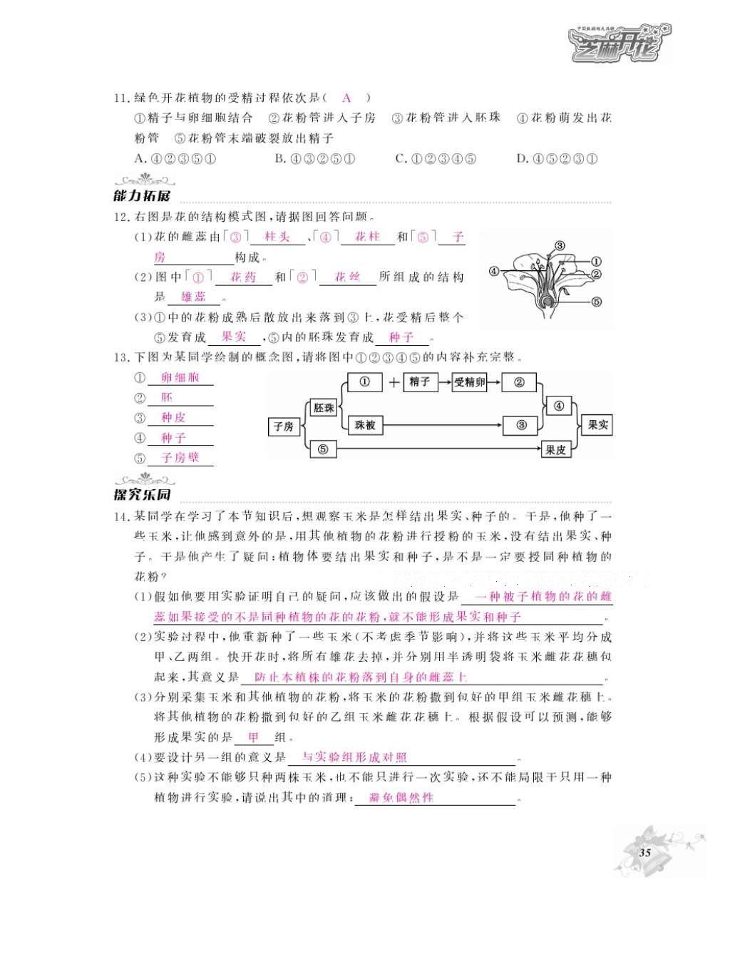 2016年作业本七年级生物上册人教版江西教育出版社 参考答案第37页