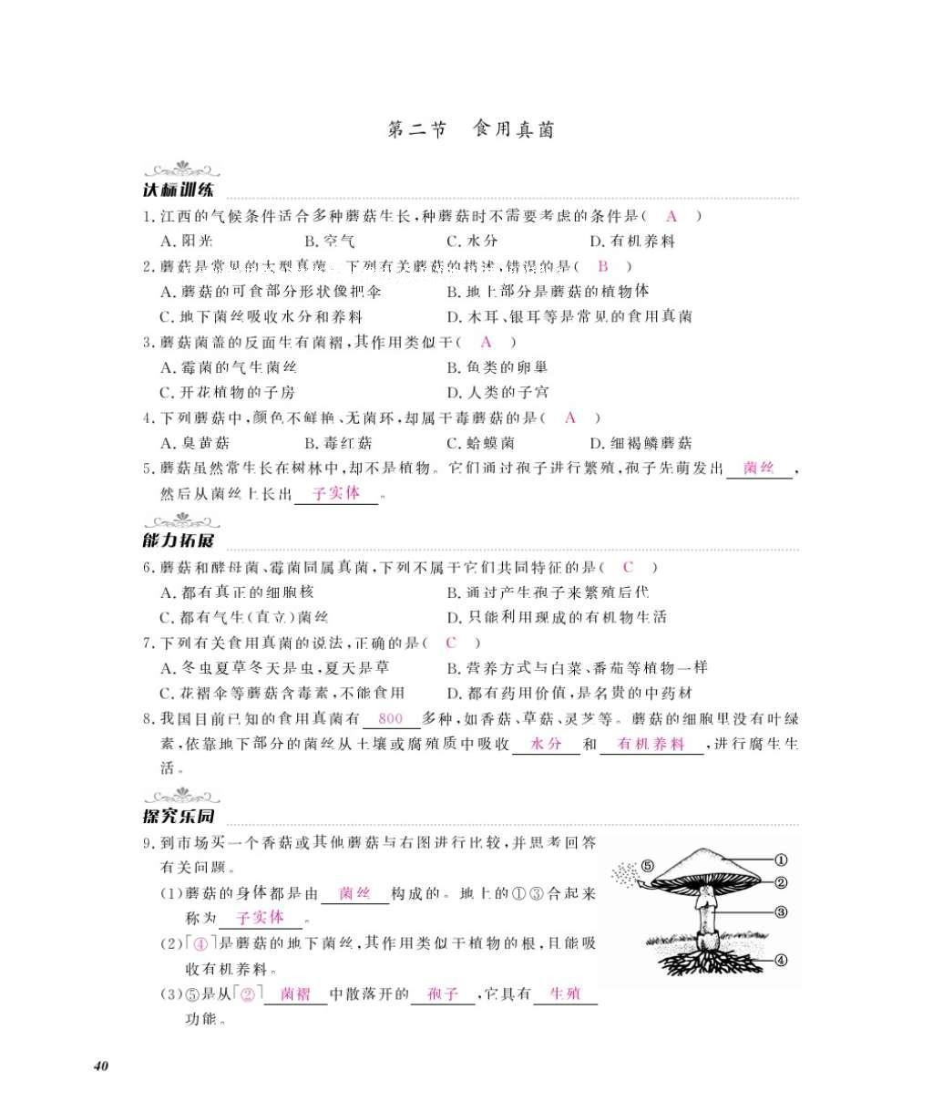 2016年作业本八年级生物上册冀少版江西教育出版社 参考答案第42页