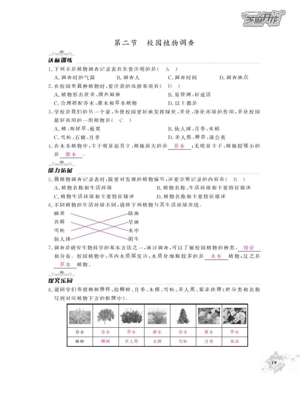 2016年作業(yè)本七年級(jí)生物上冊(cè)冀少版江西教育出版社 參考答案第21頁