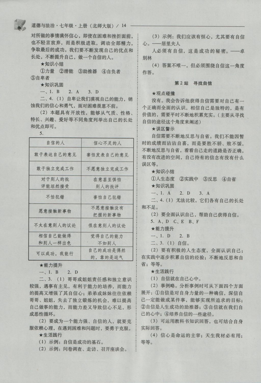 2016年新課程問題解決導(dǎo)學(xué)方案七年級道德與法治上冊北師大版 參考答案第14頁