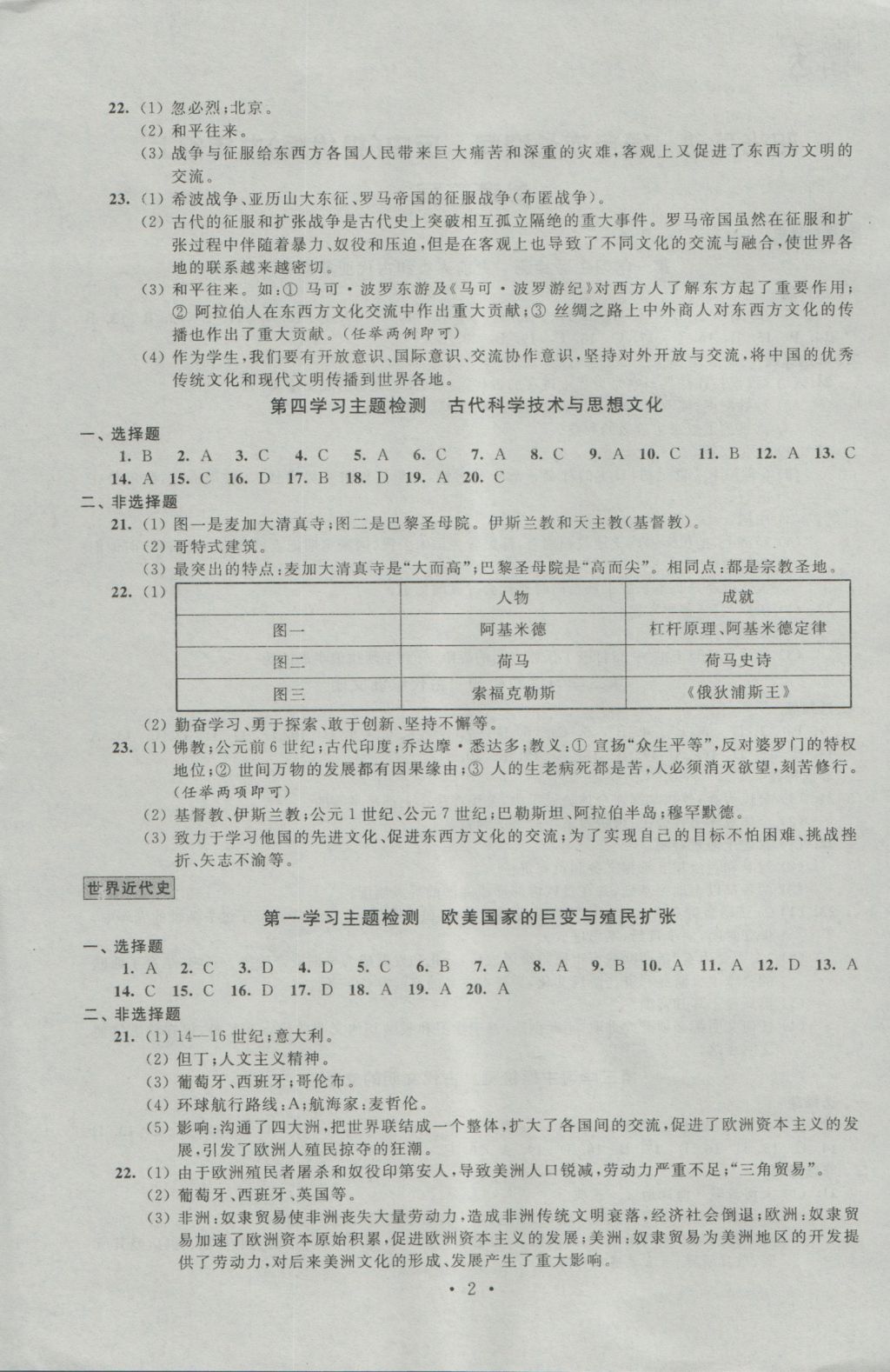 2016年阳光互动绿色成长空间九年级历史上册提优版 参考答案第2页