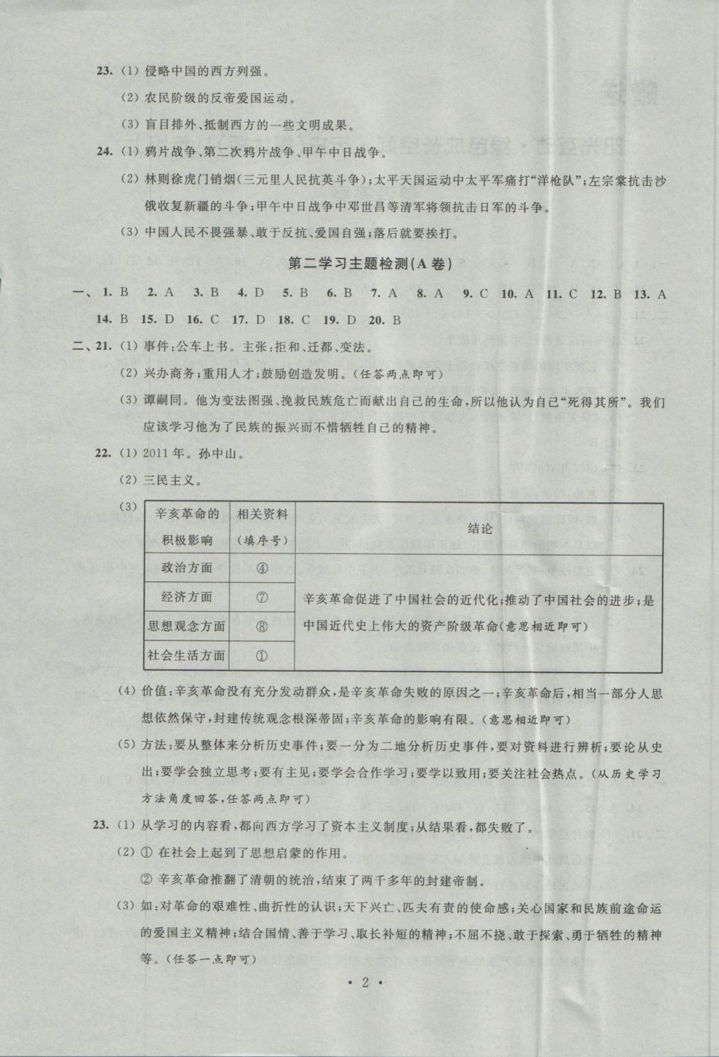 2016年阳光互动绿色成长空间八年级历史上册提优版 参考答案第2页