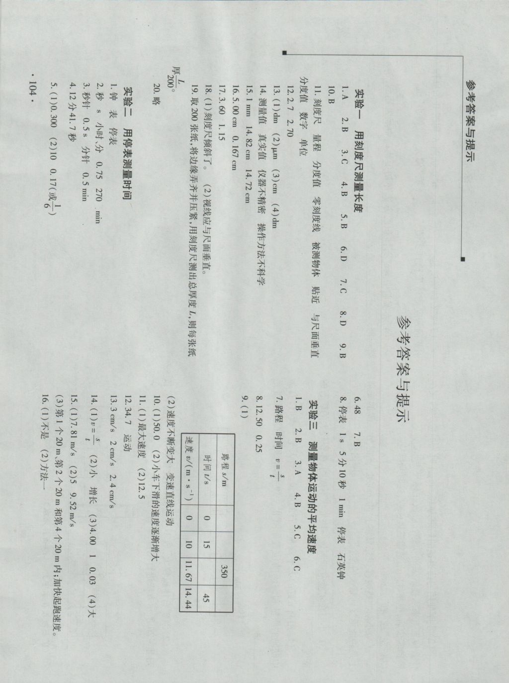 2016年新课程实验报告八年级物理上册人教版 参考答案第1页