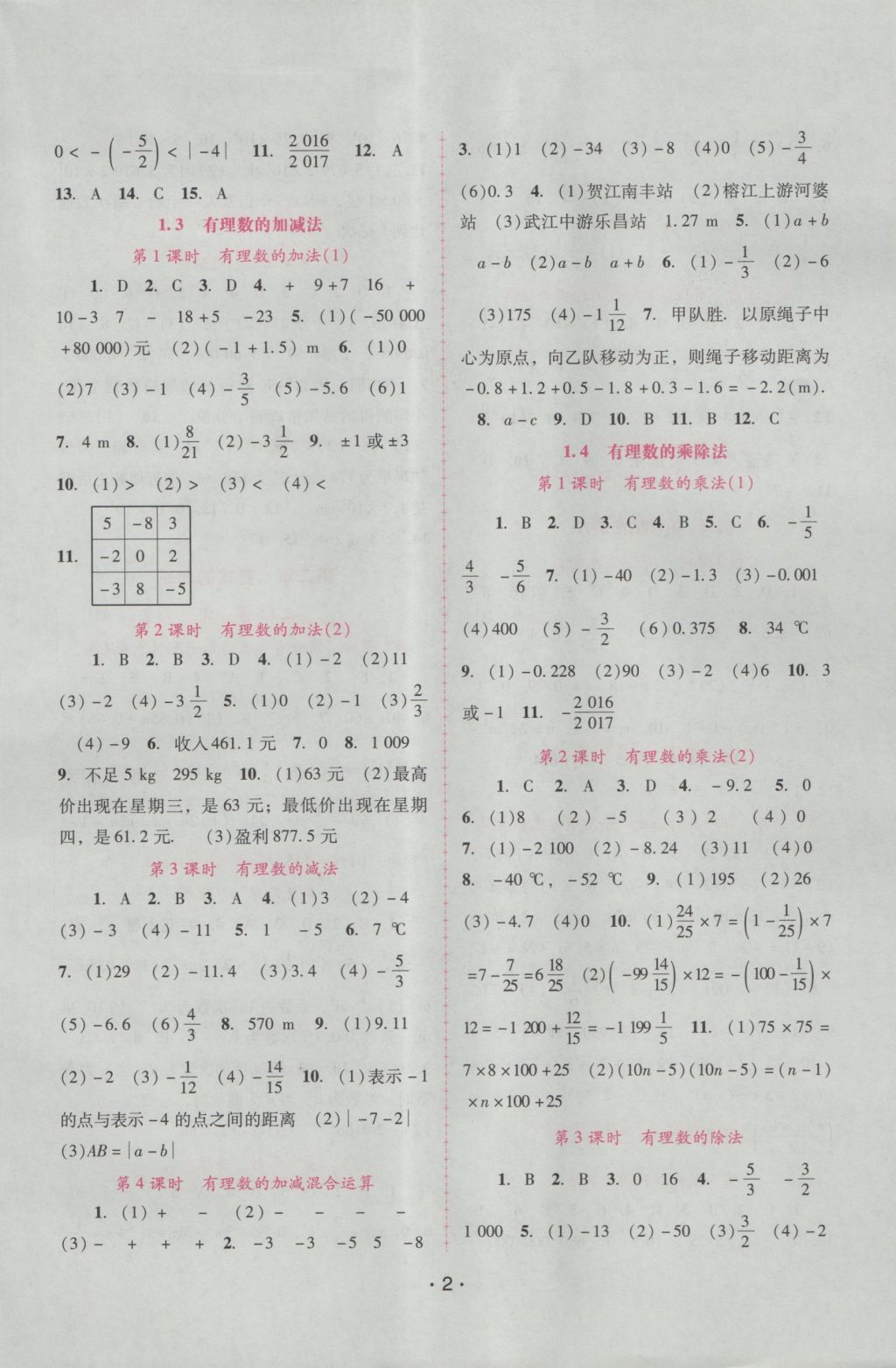 2016年自主与互动学习新课程学习辅导七年级数学上册人教版 参考答案第2页