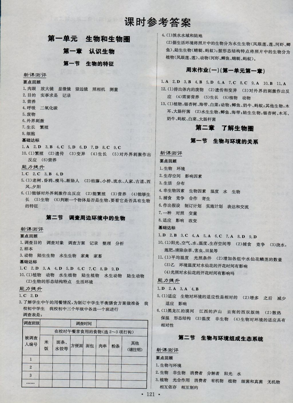 2016年練案課時作業(yè)本七年級生物上冊人教版 參考答案第1頁