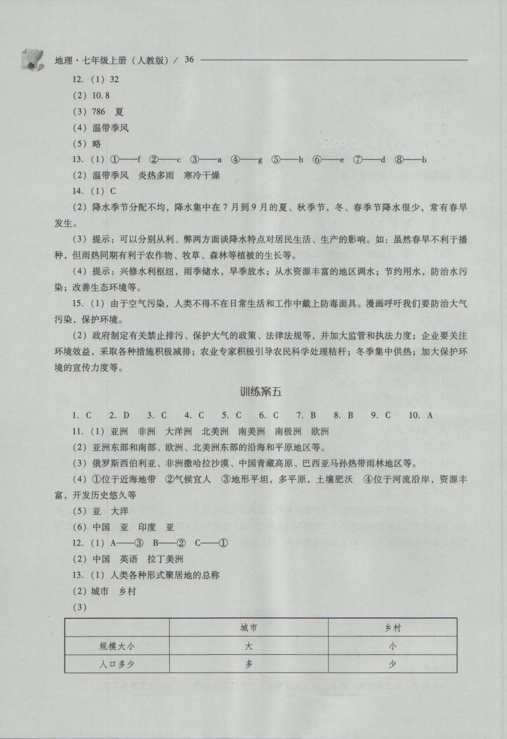 2016年新课程问题解决导学方案七年级地理上册人教版 参考答案第36页