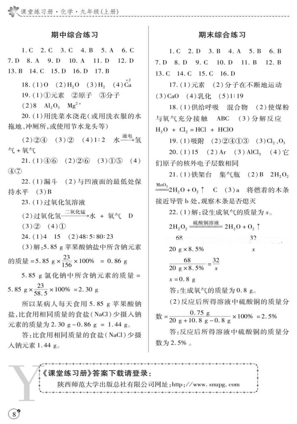 2016年课堂练习册九年级化学上册鲁教版Y版 参考答案第8页