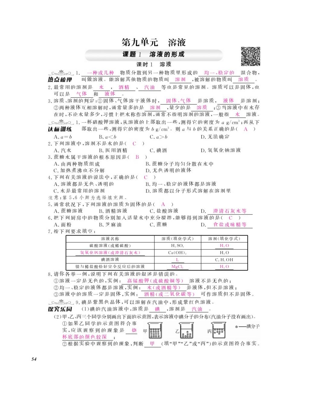 2016年化學(xué)作業(yè)本九年級全一冊人教版江西教育出版社 參考答案第56頁