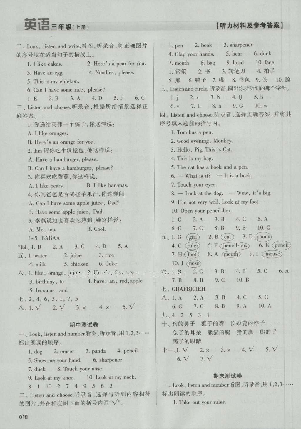 2016年學(xué)習(xí)質(zhì)量監(jiān)測(cè)三年級(jí)英語(yǔ)上冊(cè)人教版 參考答案第18頁(yè)