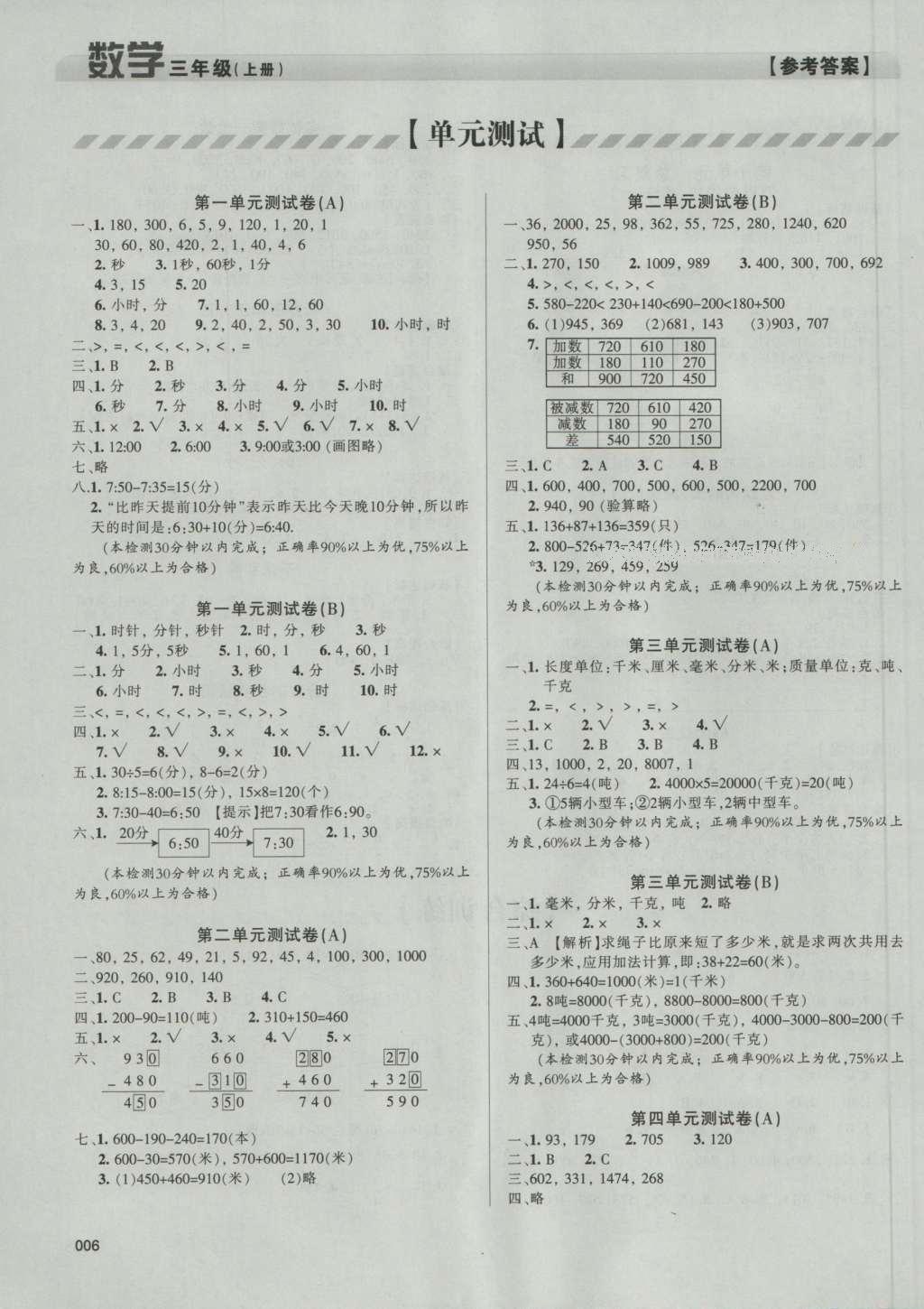 2016年學習質(zhì)量監(jiān)測三年級數(shù)學上冊人教版 參考答案第6頁