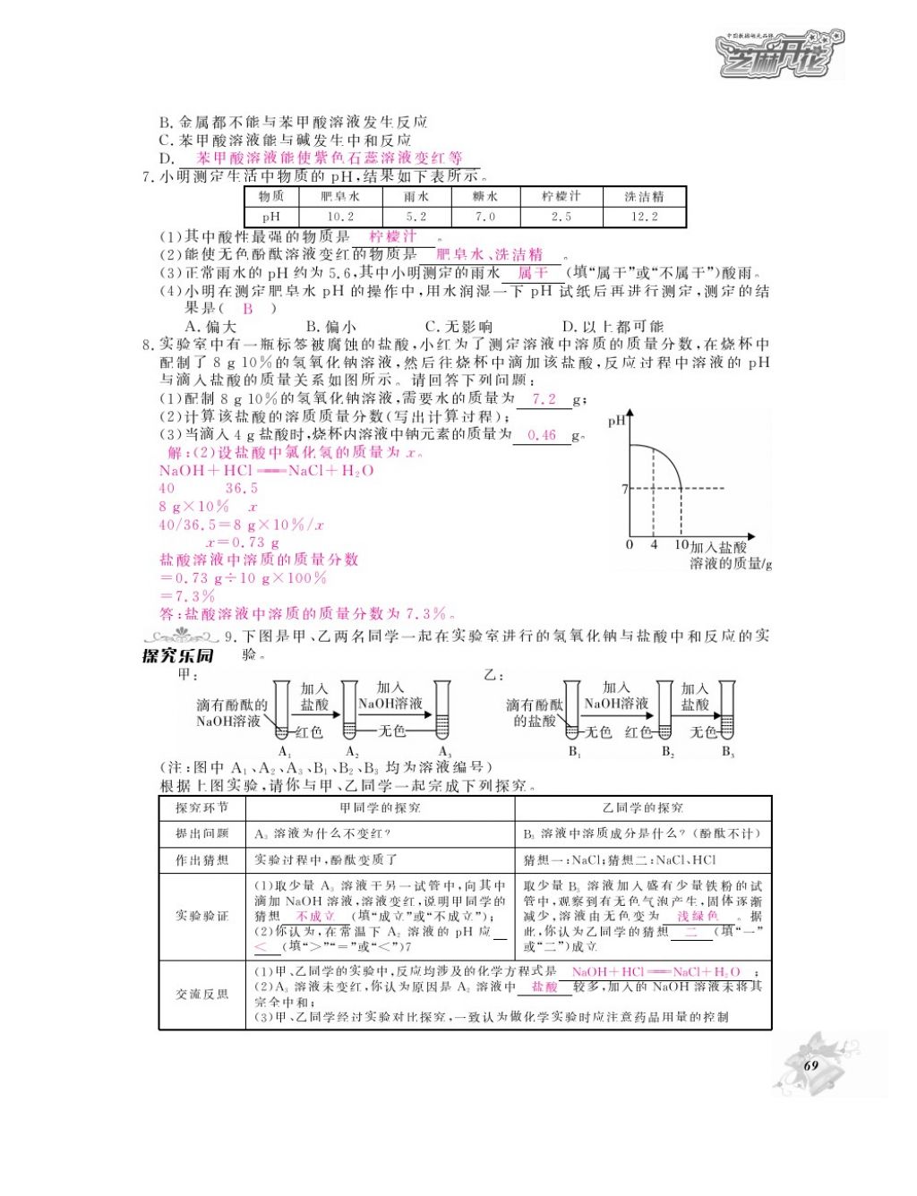 2016年化學(xué)作業(yè)本九年級全一冊人教版江西教育出版社 參考答案第71頁