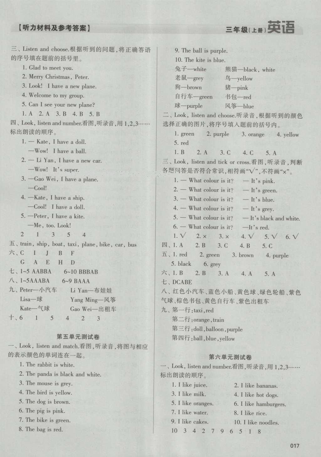 2016年學(xué)習(xí)質(zhì)量監(jiān)測三年級英語上冊人教版 參考答案第17頁