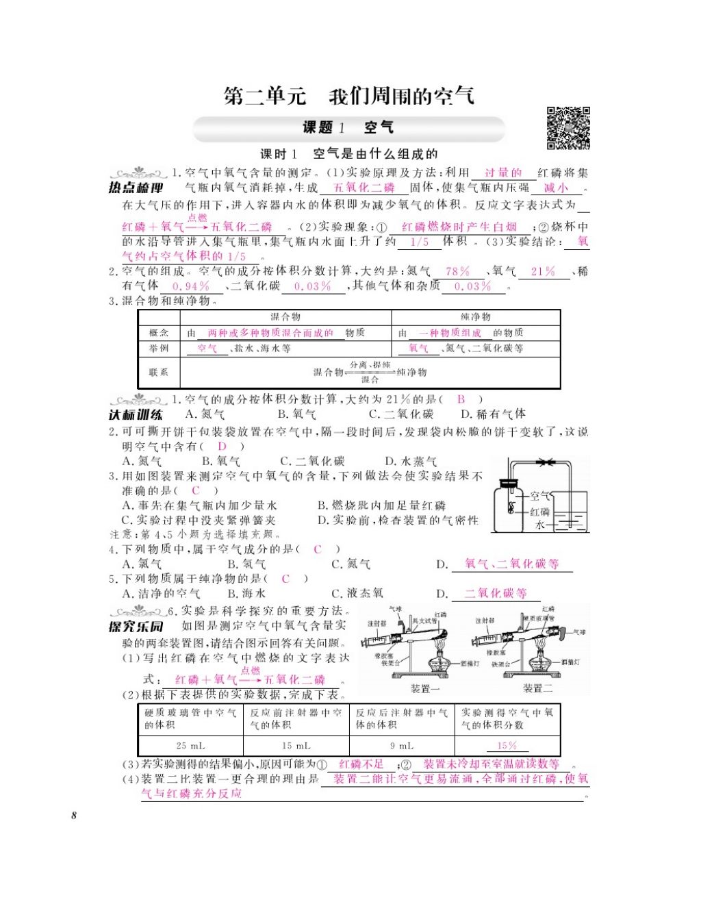 2016年化學作業(yè)本九年級全一冊人教版江西教育出版社 參考答案第10頁