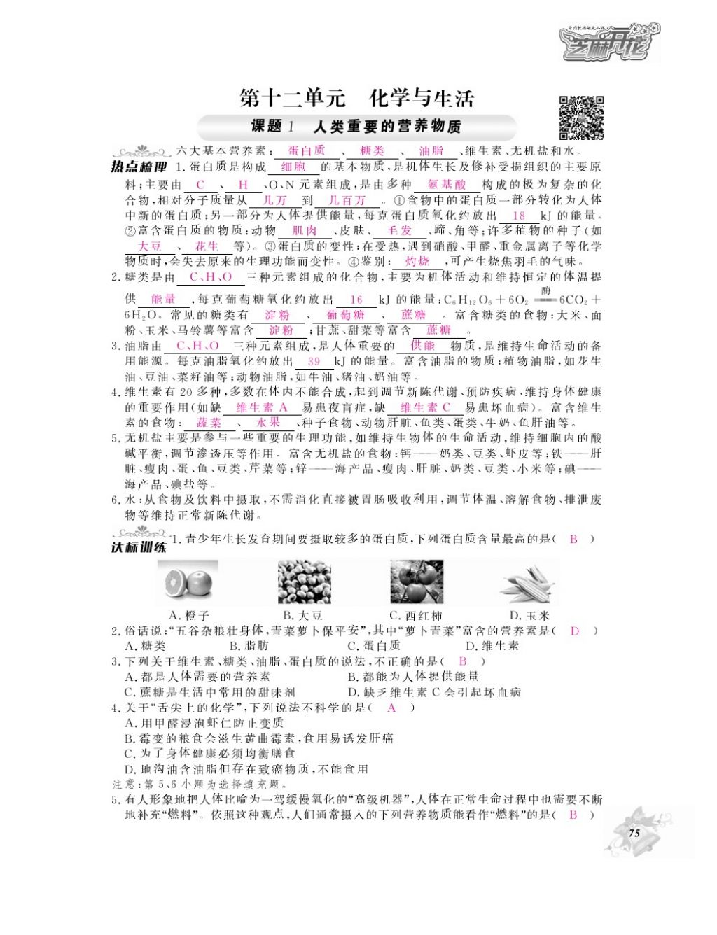 2016年化學作業(yè)本九年級全一冊人教版江西教育出版社 參考答案第77頁