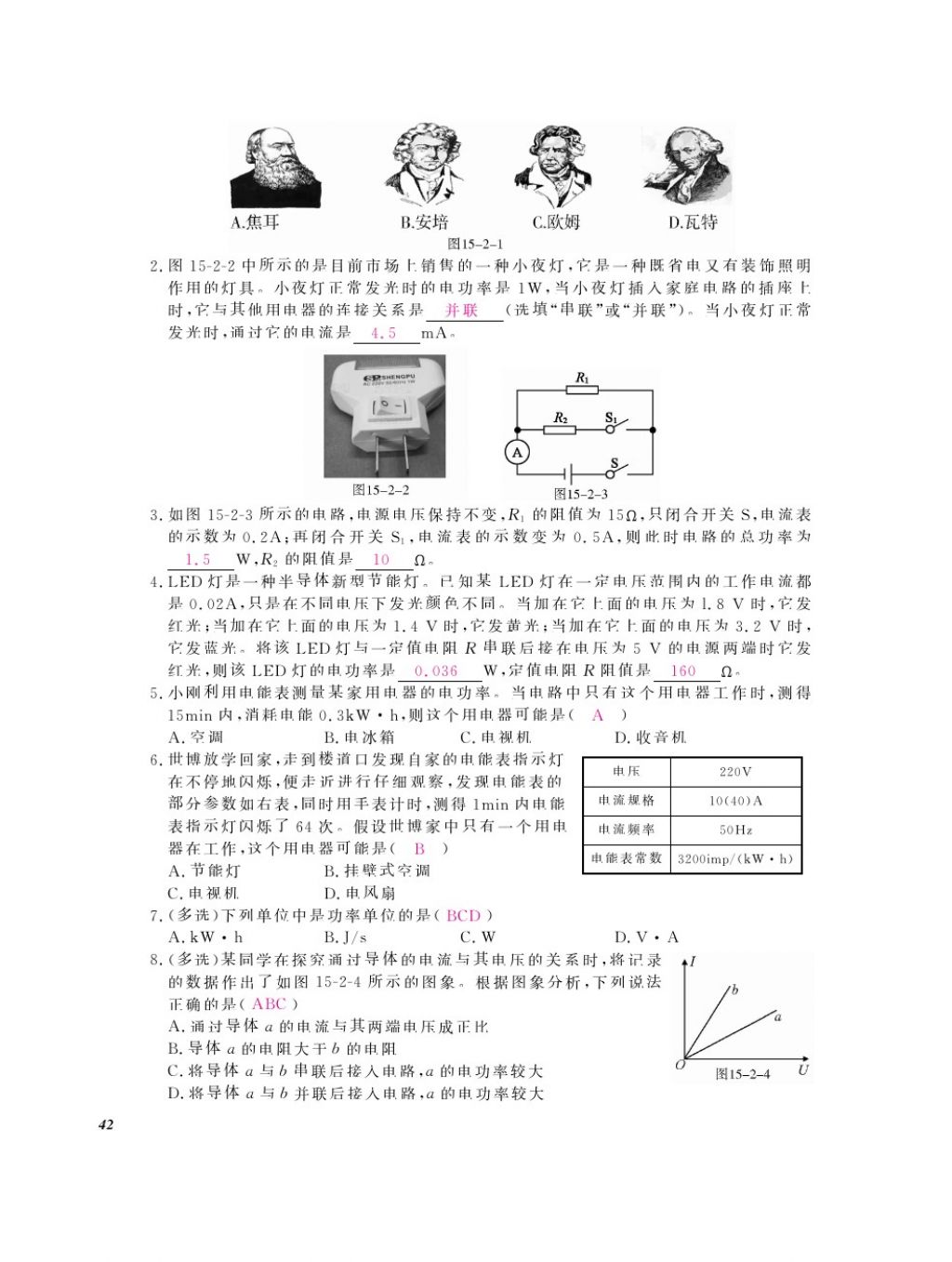 2016年物理作業(yè)本九年級全一冊滬粵版江西教育出版社 參考答案第44頁