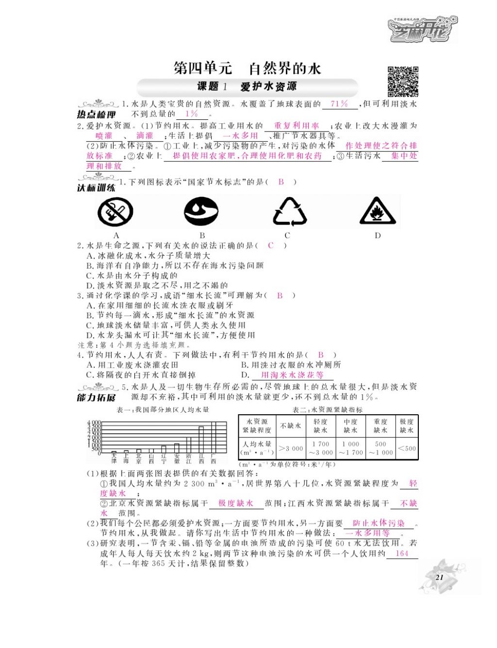 2016年化學(xué)作業(yè)本九年級全一冊人教版江西教育出版社 參考答案第23頁