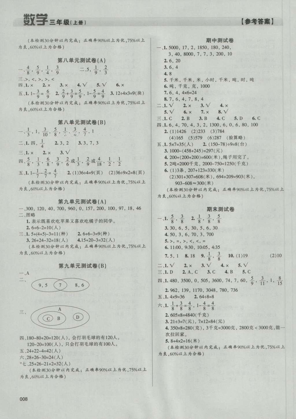 2016年學(xué)習(xí)質(zhì)量監(jiān)測三年級數(shù)學(xué)上冊人教版 參考答案第8頁