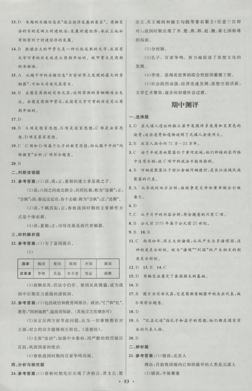 2016年初中同步测控优化设计七年级中国历史上册北师大版 参考答案第13页