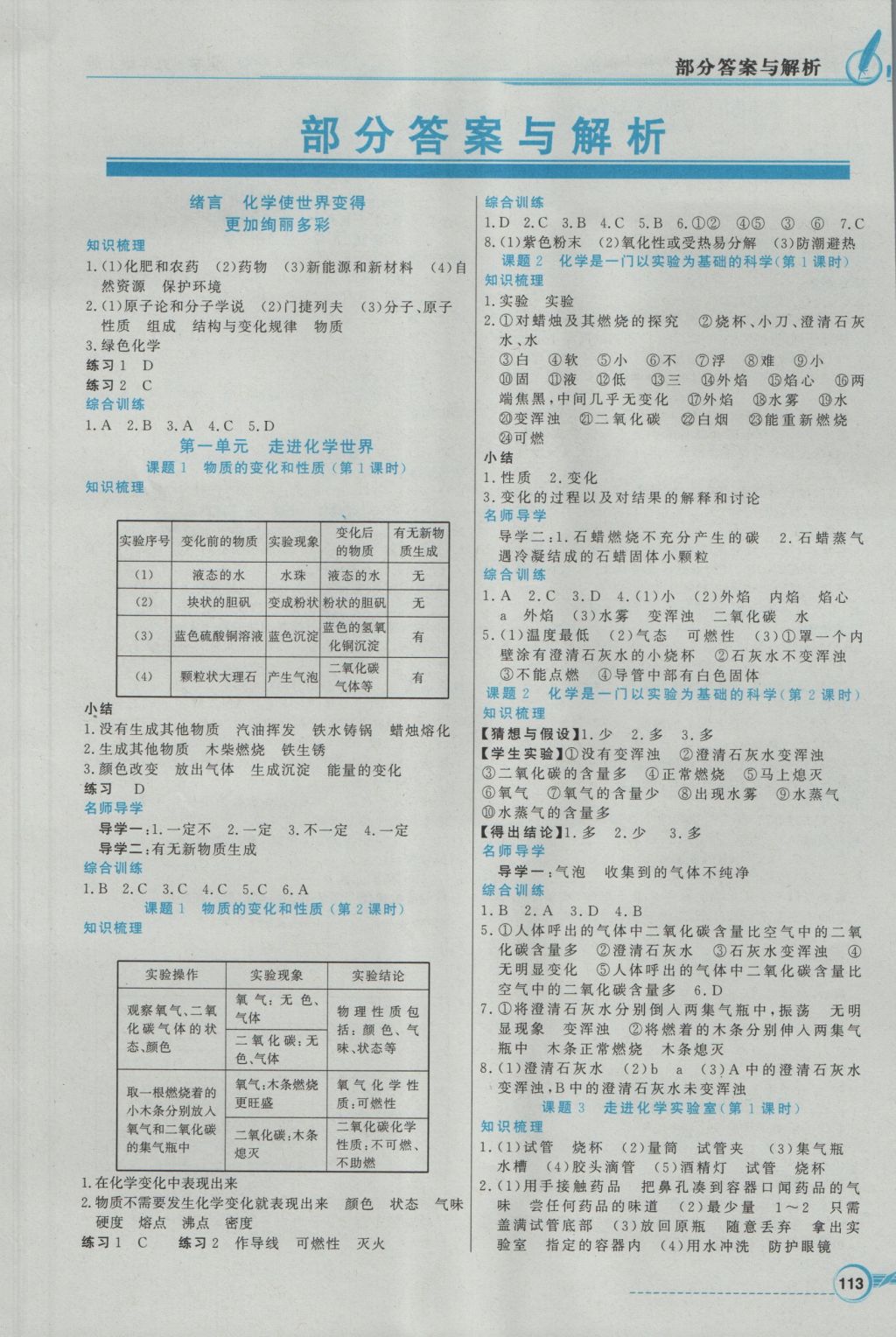 2016年同步导学与优化训练九年级化学上册人教版 参考答案第1页