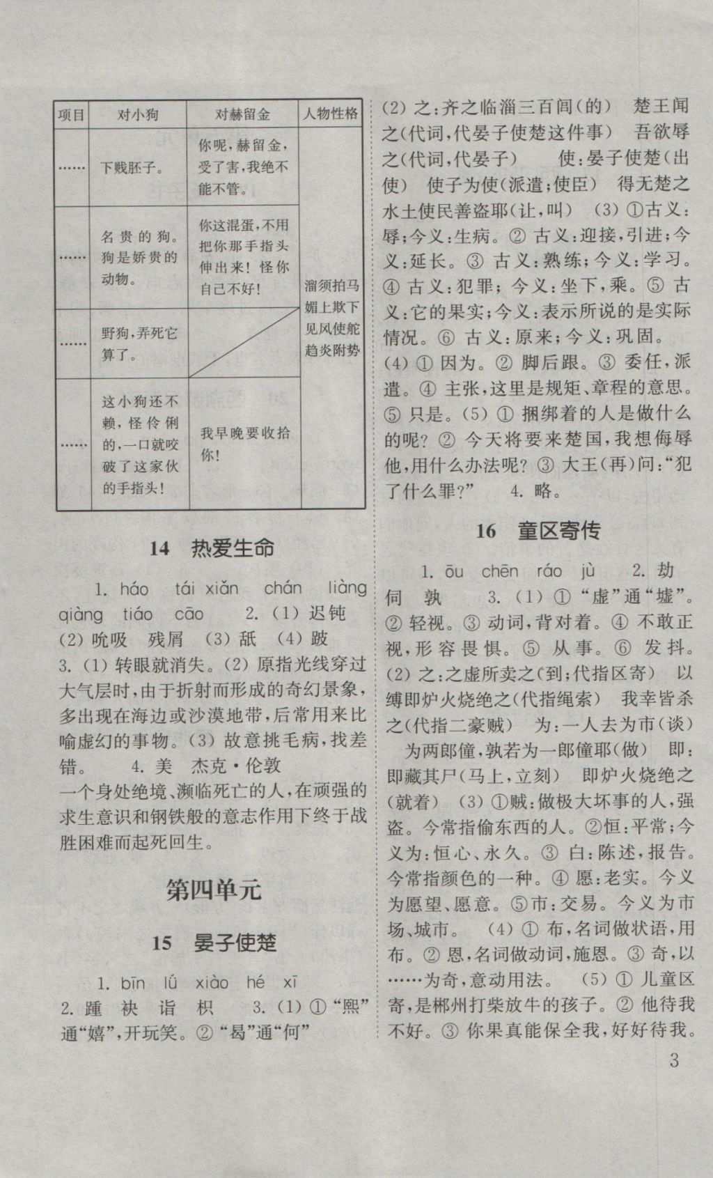 2016年語文配套練習(xí)冊九年級上冊山東教育出版社 參考答案第3頁