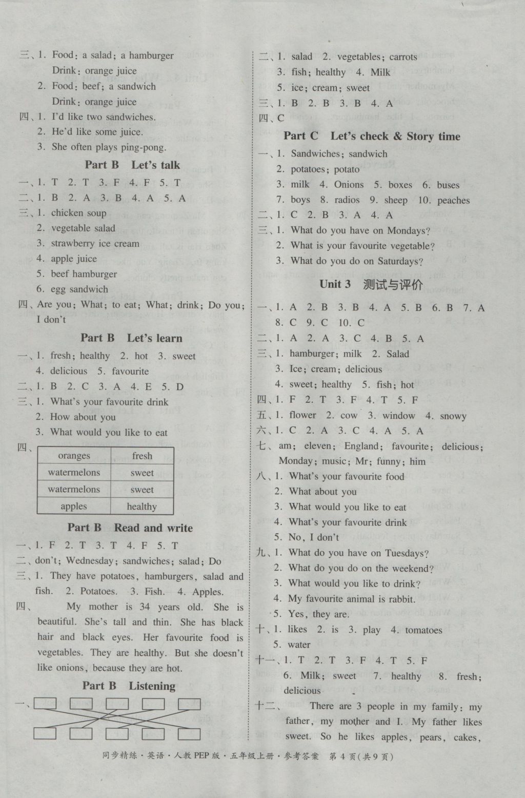 2016年同步精练五年级英语上册人教PEP版 参考答案第11页