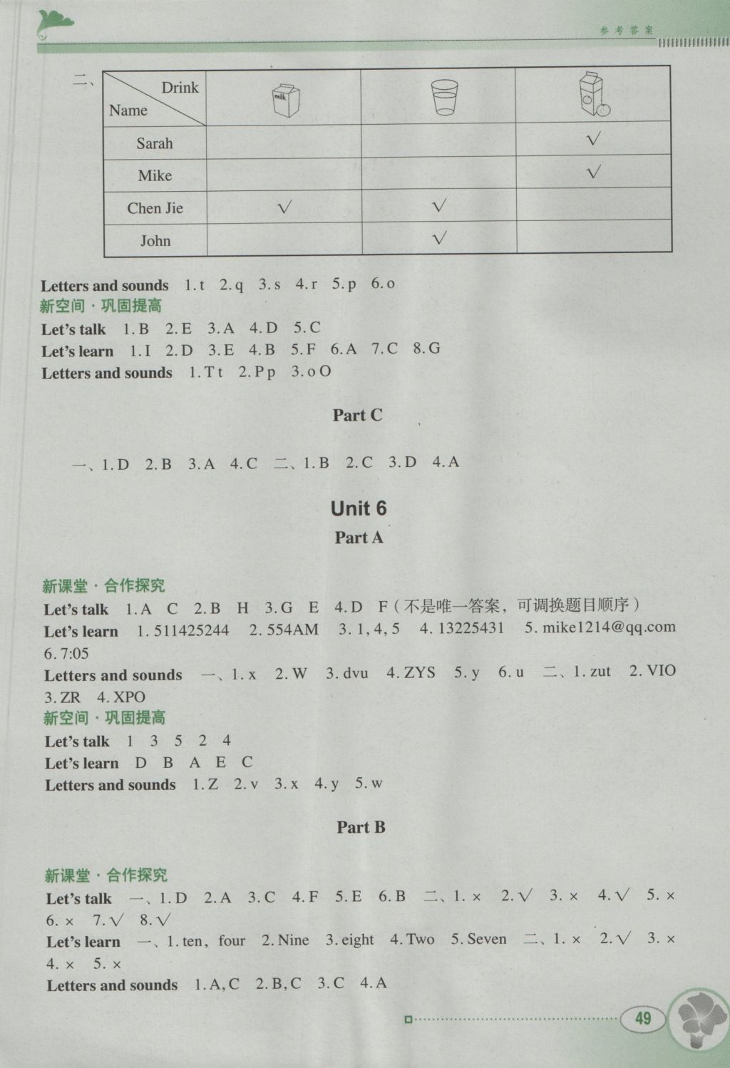 2016年南方新課堂金牌學(xué)案三年級(jí)英語(yǔ)上冊(cè)人教PEP版 參考答案第5頁(yè)