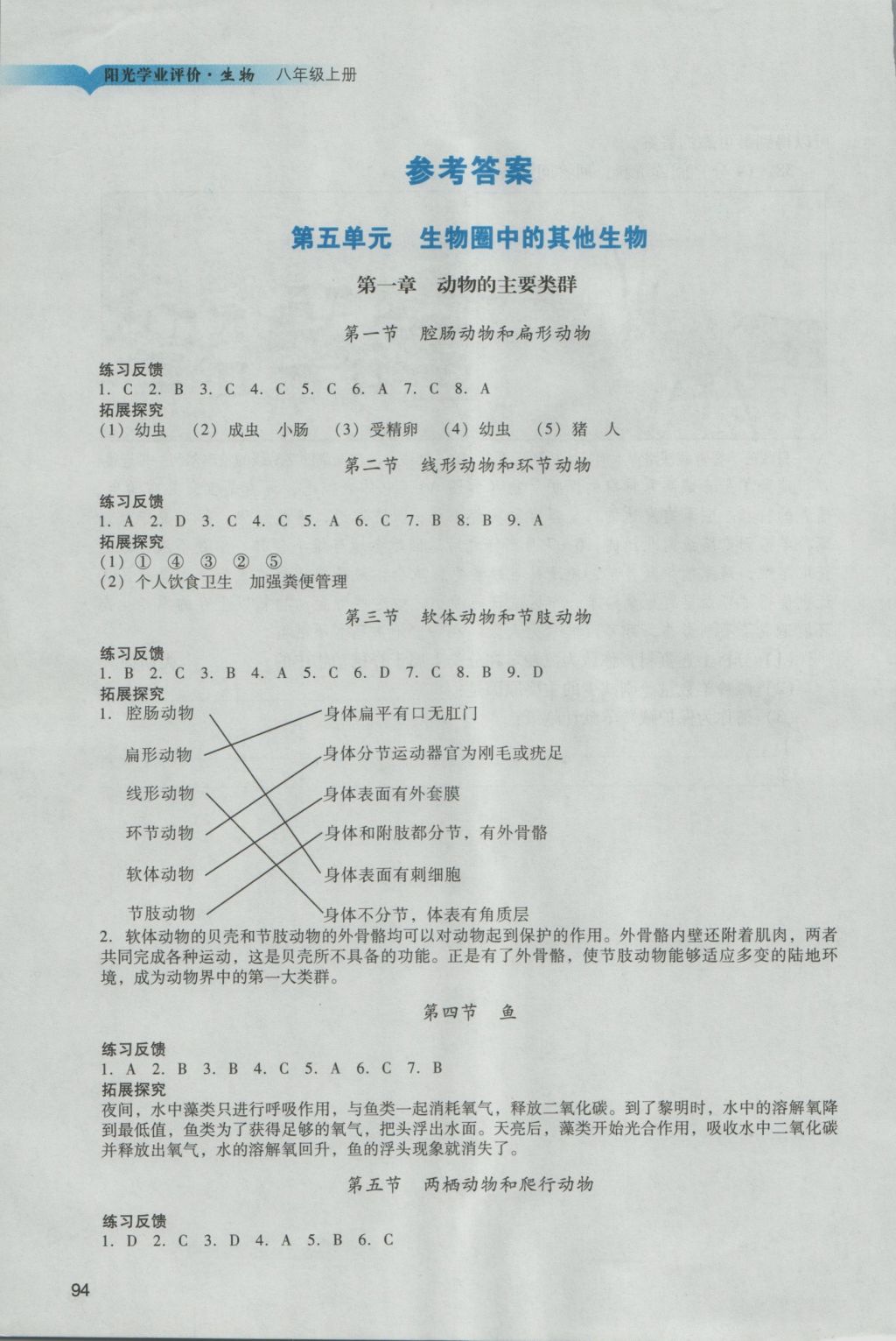 2016年陽光學(xué)業(yè)評價八年級生物上冊人教版 參考答案第1頁