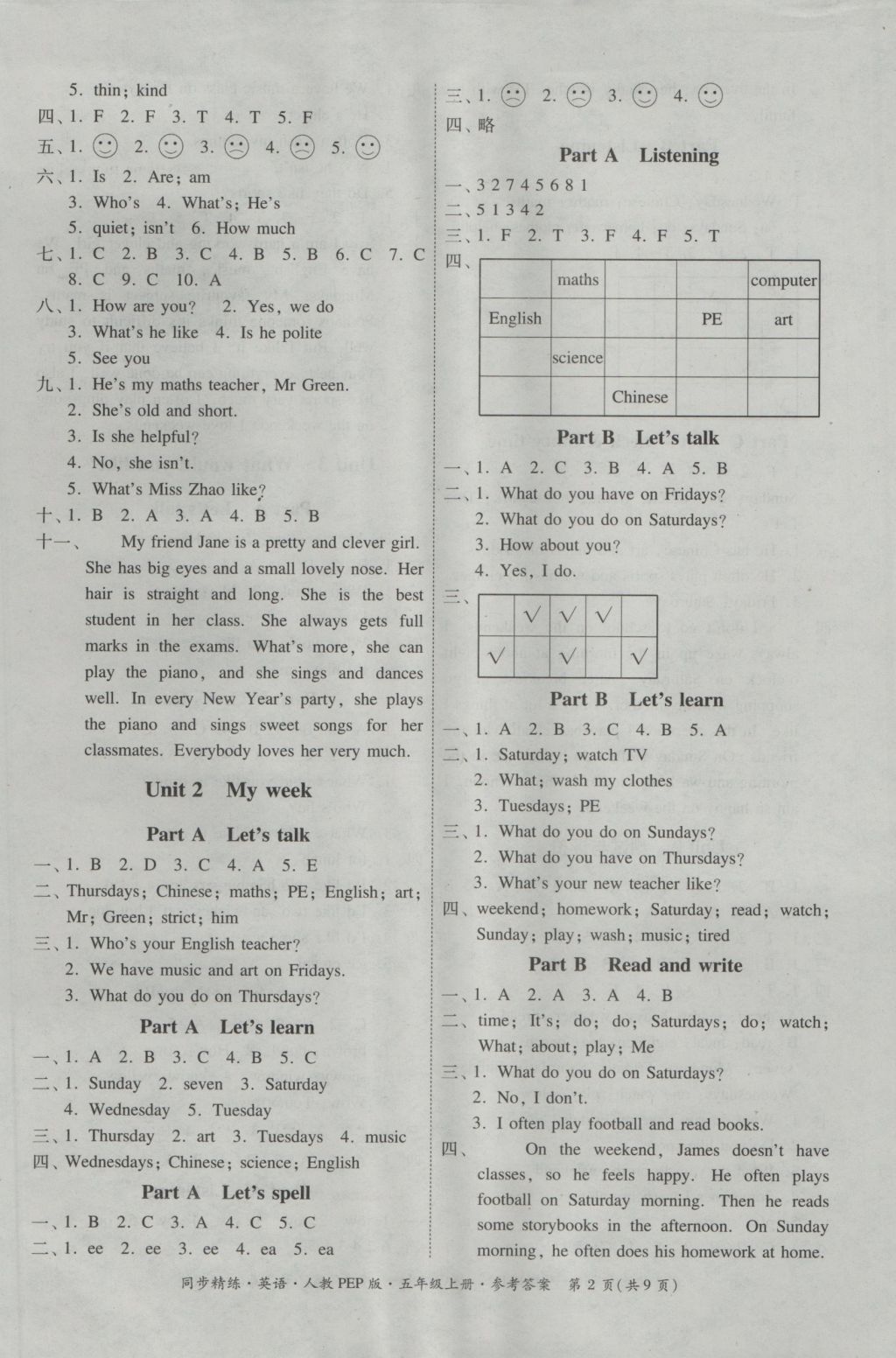 2016年同步精练五年级英语上册人教PEP版 参考答案第9页
