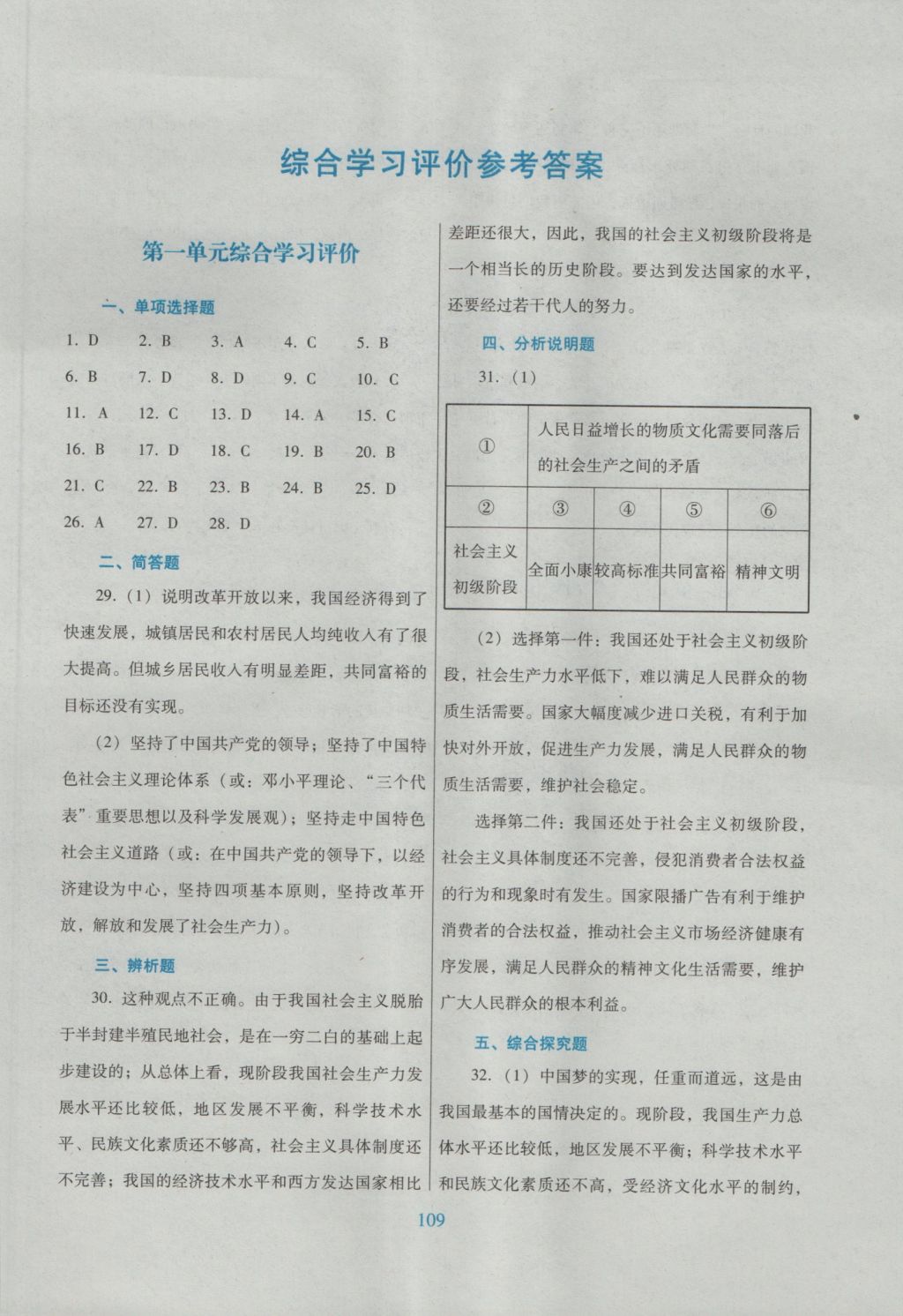 2016年南方新课堂金牌学案九年级思想品德全一册粤教版 单元综合学习评价答案第1页