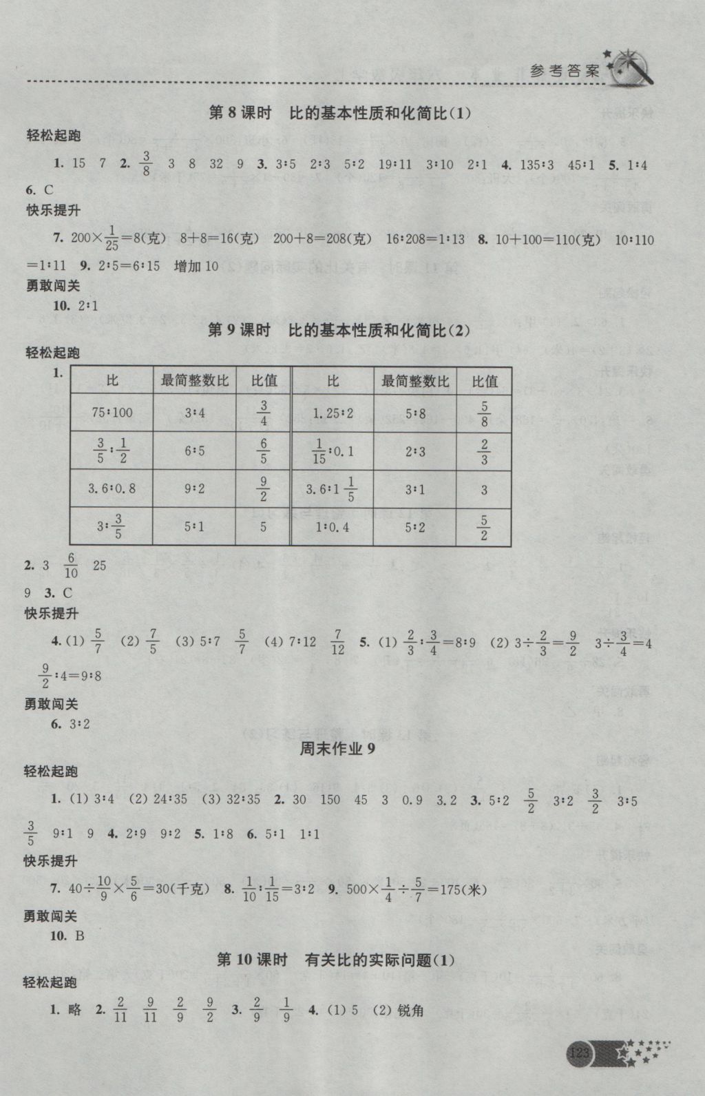 2016年名师点拨课时作业本六年级数学上册江苏版 参考答案第10页