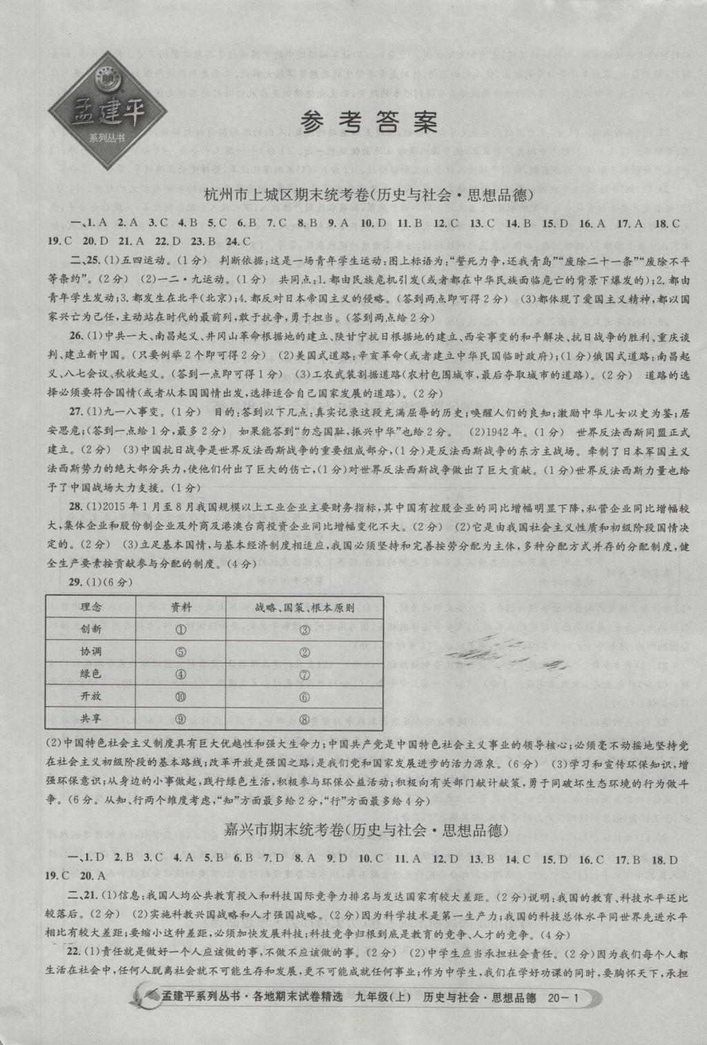 2016年孟建平各地期末試卷精選九年級(jí)歷史與社會(huì)思想品德上冊(cè)人教版 參考答案第1頁(yè)