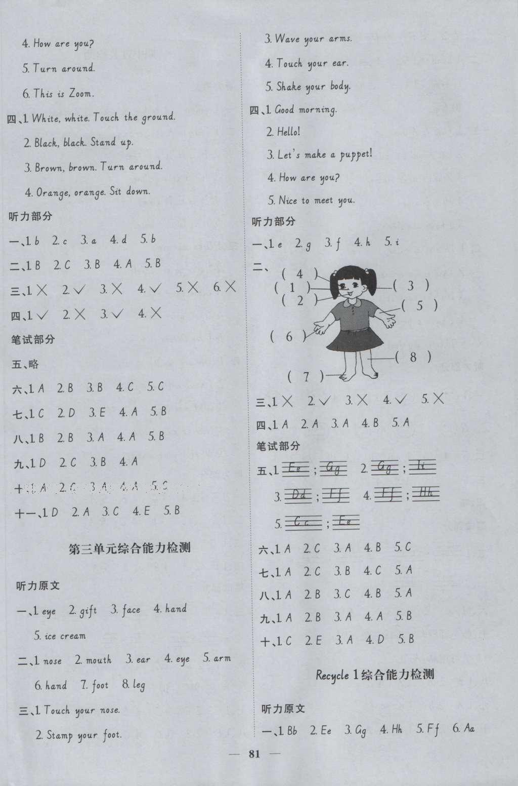 2016年陽光課堂課時(shí)優(yōu)化作業(yè)三年級(jí)英語上冊(cè)人教PEP版 參考答案第7頁