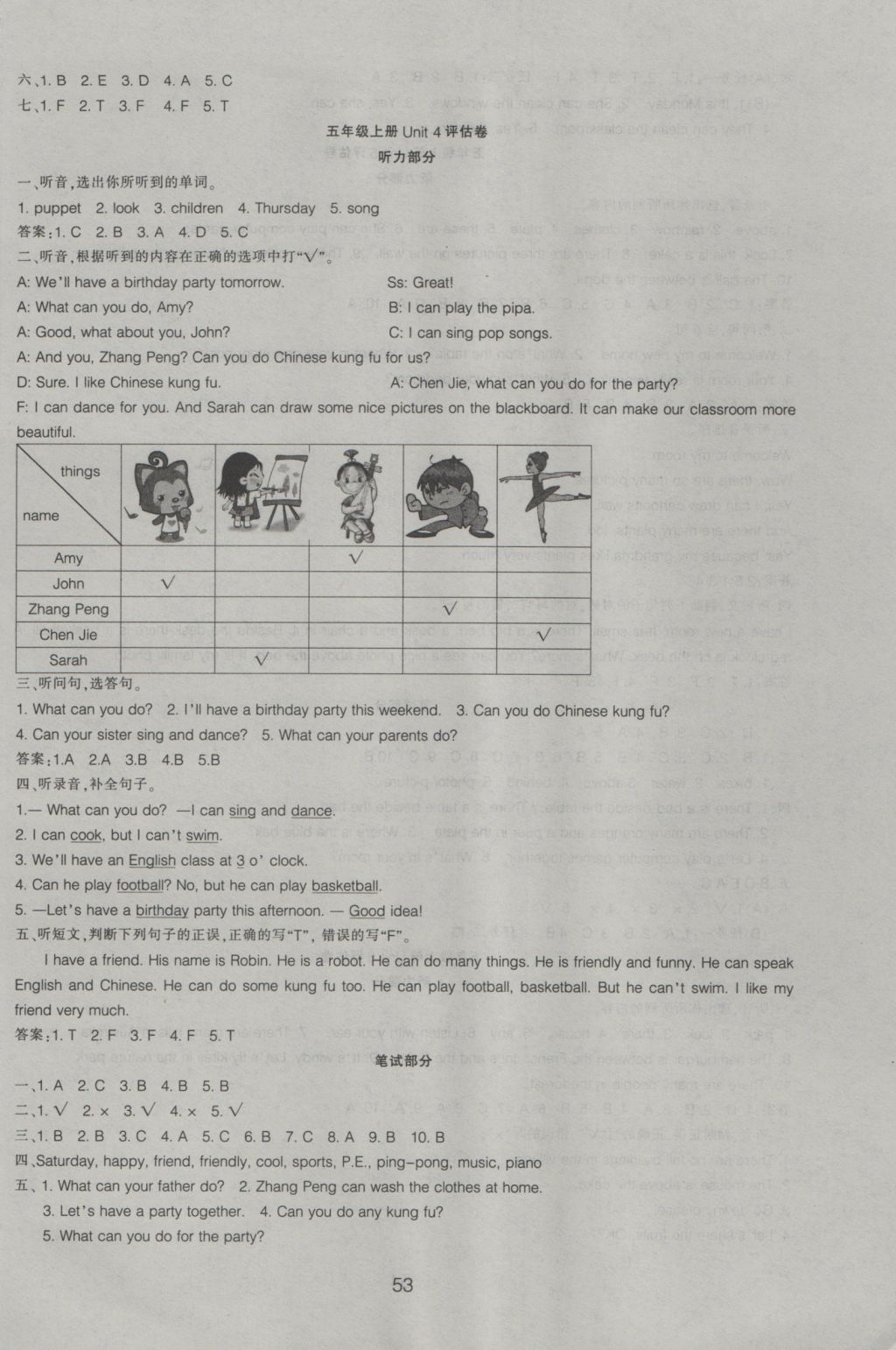 2016年單元評(píng)價(jià)卷五年級(jí)英語上冊人教版 參考答案第5頁