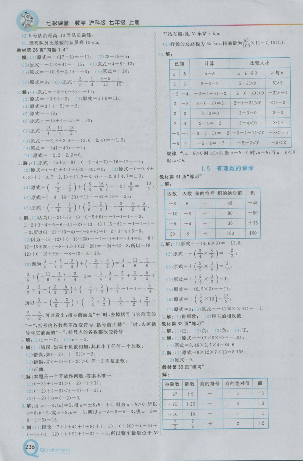 2016年初中一點(diǎn)通七彩課堂七年級(jí)數(shù)學(xué)上冊(cè)滬科版 參考答案第20頁(yè)