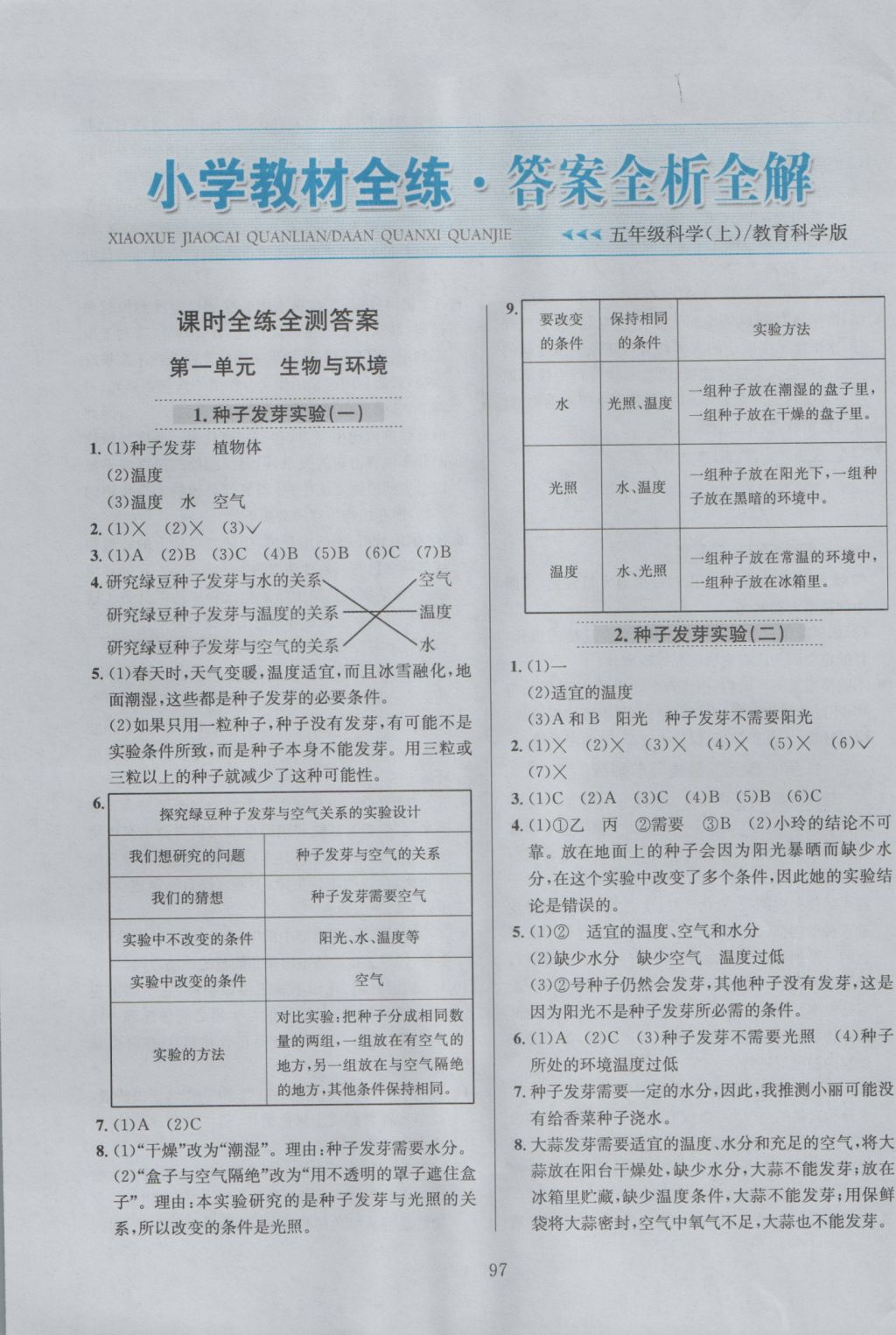 2016年小学教材全练五年级科学上册教科版 参考答案第1页