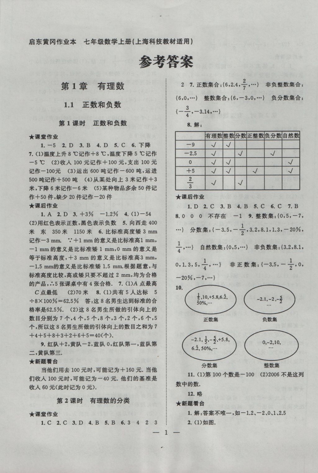 2016年启东黄冈作业本七年级数学上册沪科版 参考答案第1页