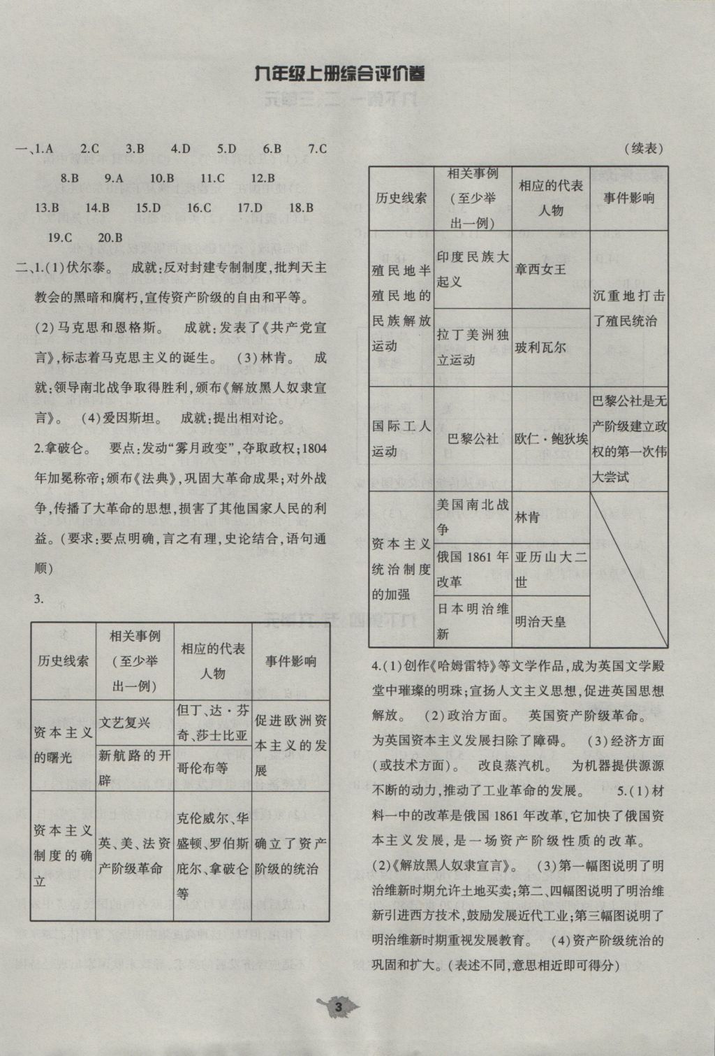 2016年基础训练九年级历史全一册人教版大象出版社 单元评价卷答案第3页