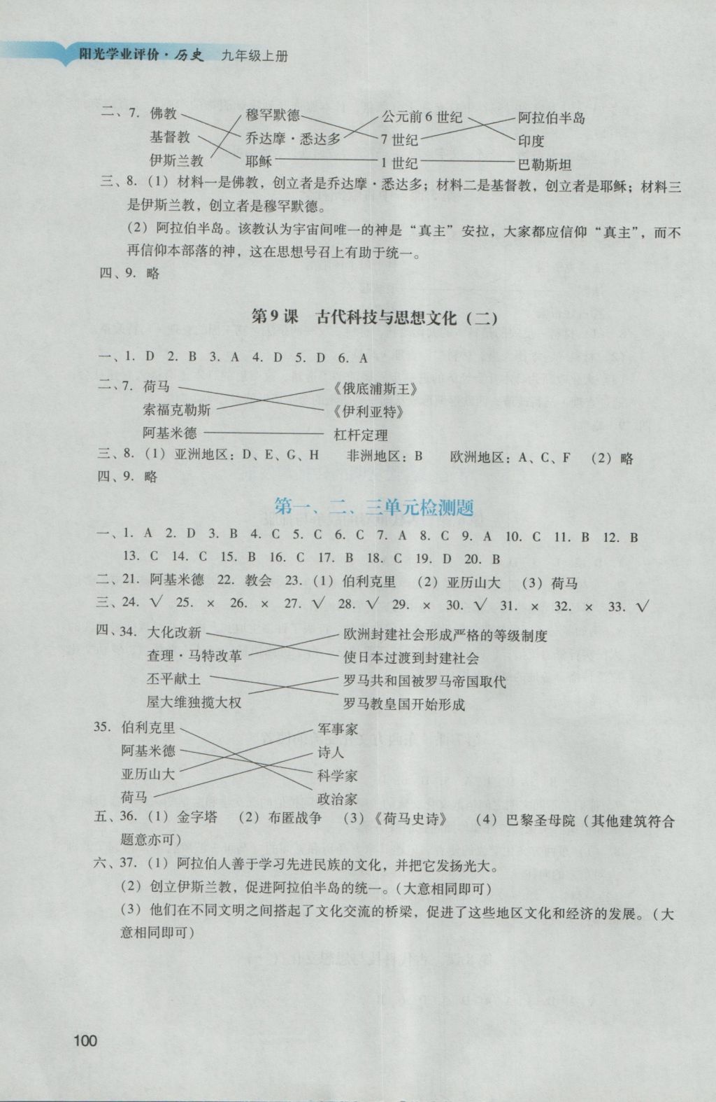 2016年陽光學(xué)業(yè)評價九年級歷史上冊人教版 參考答案第3頁