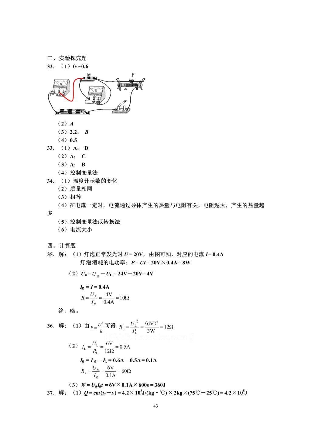 2016年知识与能力训练九年级物理全一册人教版A版 参考答案第43页