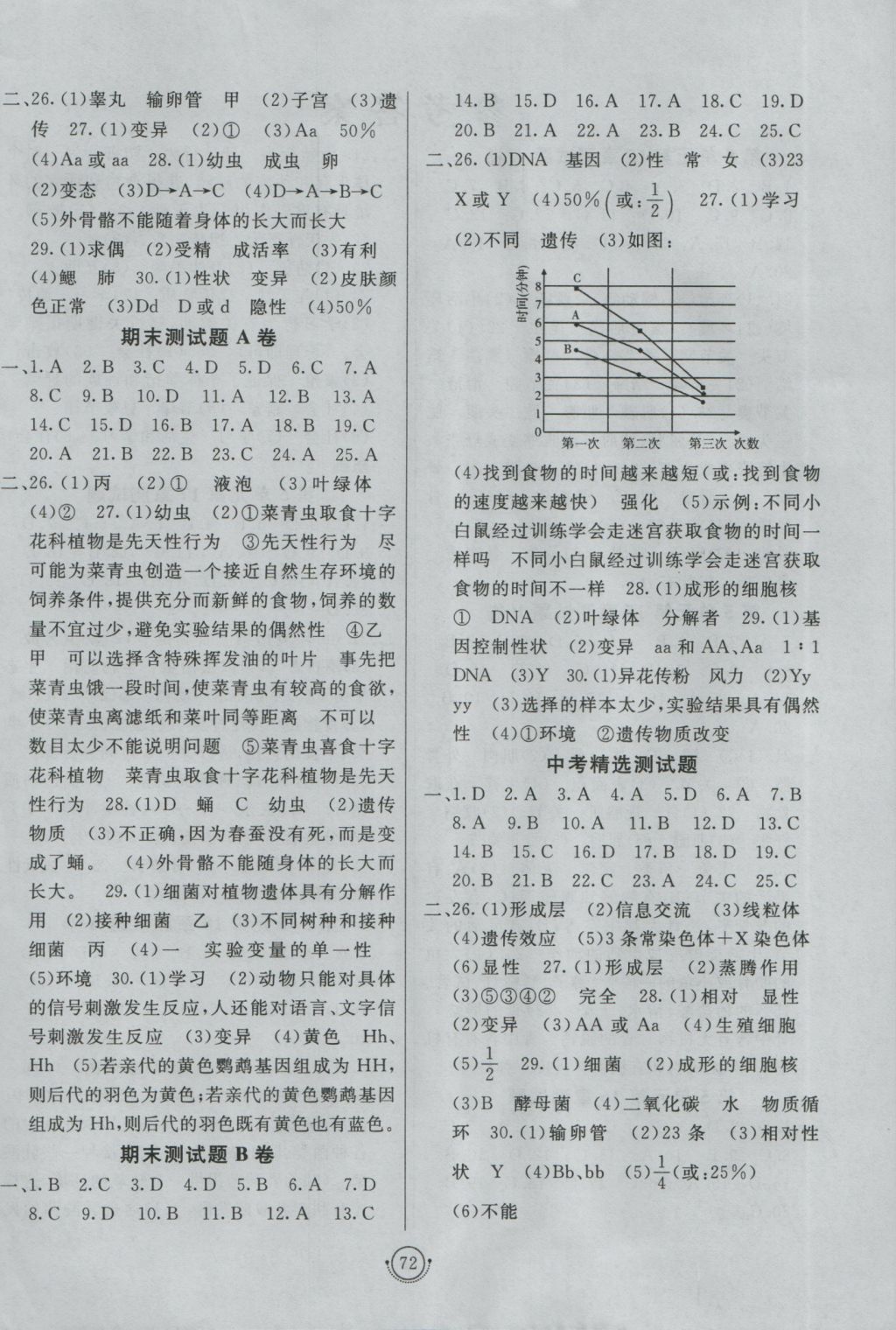 2016年海淀單元測試AB卷八年級生物上冊北師大版 參考答案第4頁