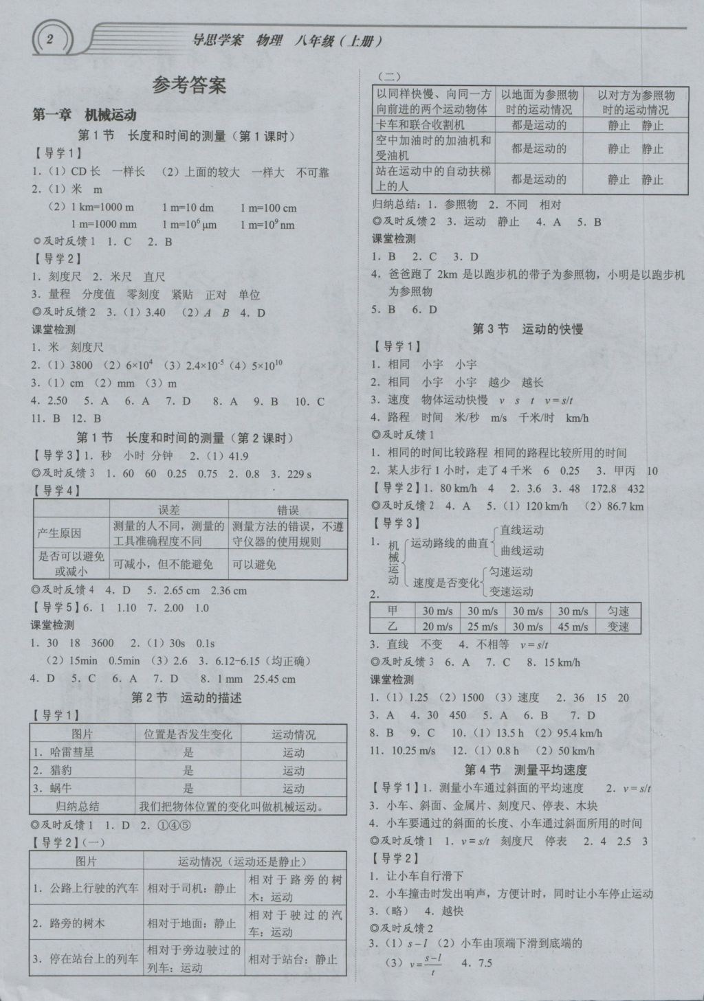 2016年导思学案八年级物理上册 参考答案第1页