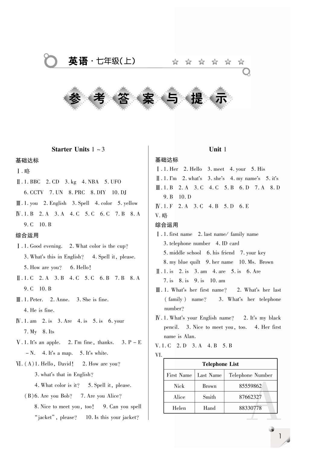 2016年課堂練習(xí)冊(cè)七年級(jí)英語(yǔ)上冊(cè)A版 參考答案第1頁(yè)