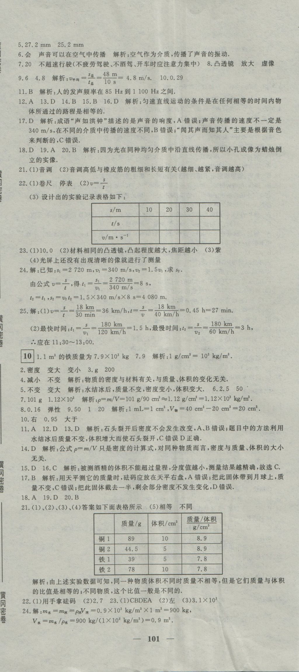 2016年王后雄黃岡密卷八年級物理上冊滬科版 參考答案第5頁